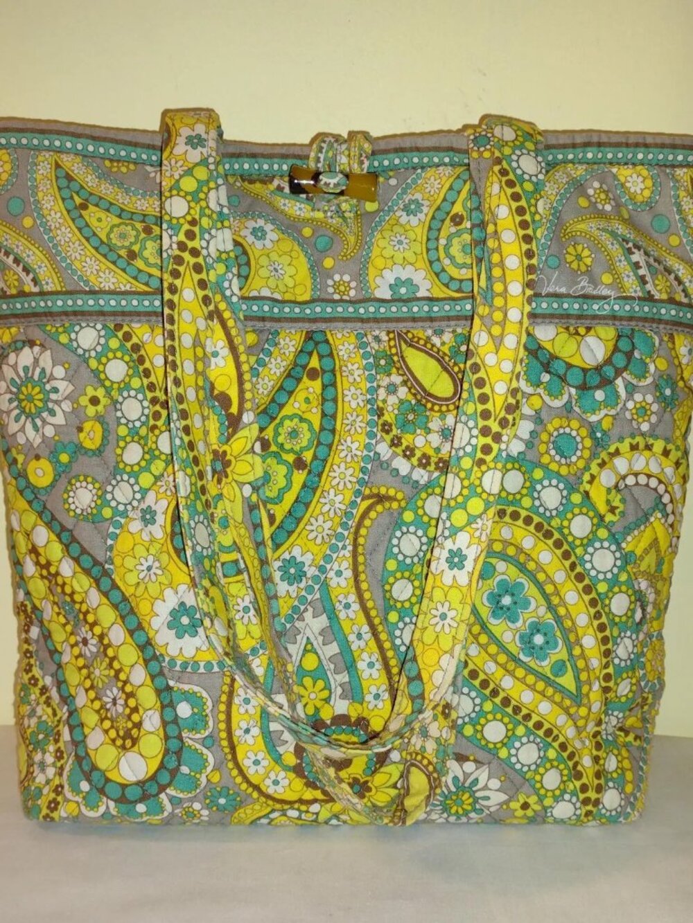 Vera Bradley *retired*  lemon Yellow Teal Brown Paisley Quilted Tote